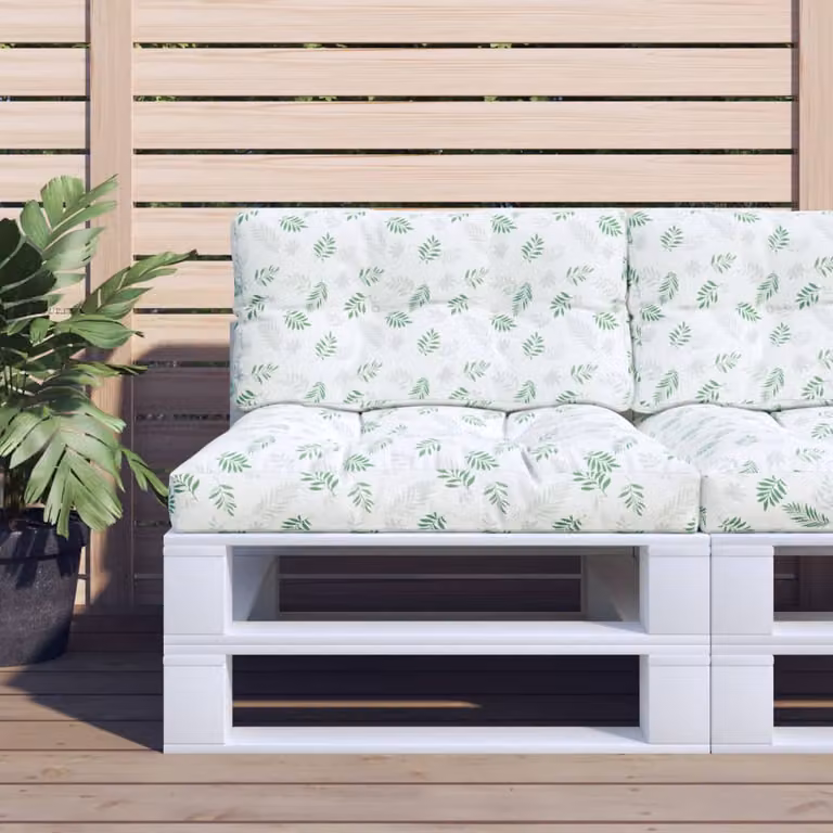Set di 2 cuscini per pallet vidaXL con motivo a foglie, verde e bianco, in poliestere resistente all'acqua e ai raggi UV