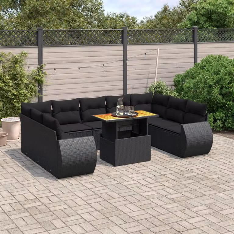 vidaXL Set Divani da Giardino 10 Pezzi in Polyrattan Nero con Cuscini Imbottiti e Tavolino da Esterno