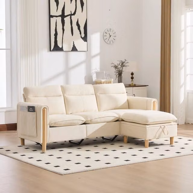 Divano ad angolo modulare in chenille con pouf contenitore e tasche laterali in legno beige per piccoli spazi