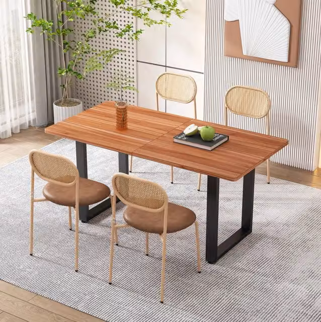 Set di 4 sedie da pranzo ULEVR marroni con schienale ovale in rattan, seduta in PU e gambe in metallo