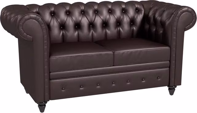 Divano 2 Posti stile Chesterfield con Cuscino Rimovibile, in Ecopelle, Legno e Metallo, 160x84x80 cm, Marrone
