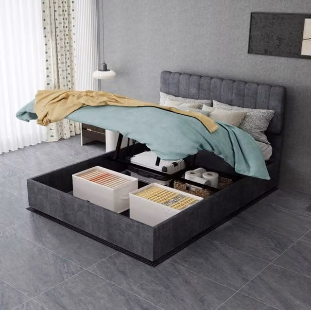 Letto Moderno Minimalista Imbottito con Testata Morbida 140x200 cm Grigio con Base Contenitore e Meccanismo a Gas
