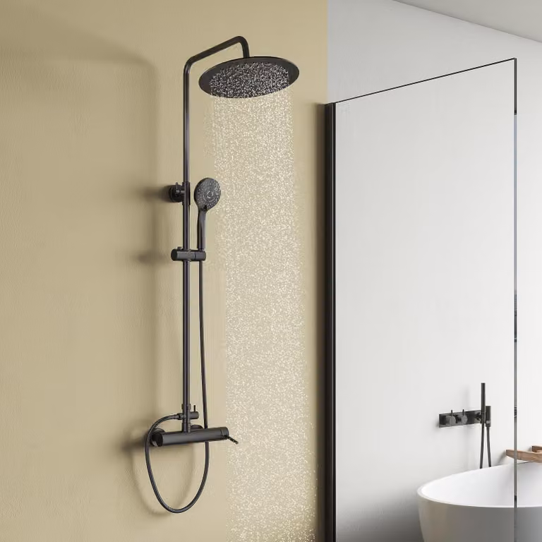 Colonna doccia nera, regolabile in altezza, soffione da 250 mm, doccetta con 3 getti