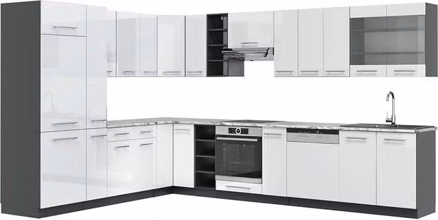 Cucina angolare moderna Vicco Fame-Line Bianco lucido e Antracite L: 347 cm, P: 257 cm