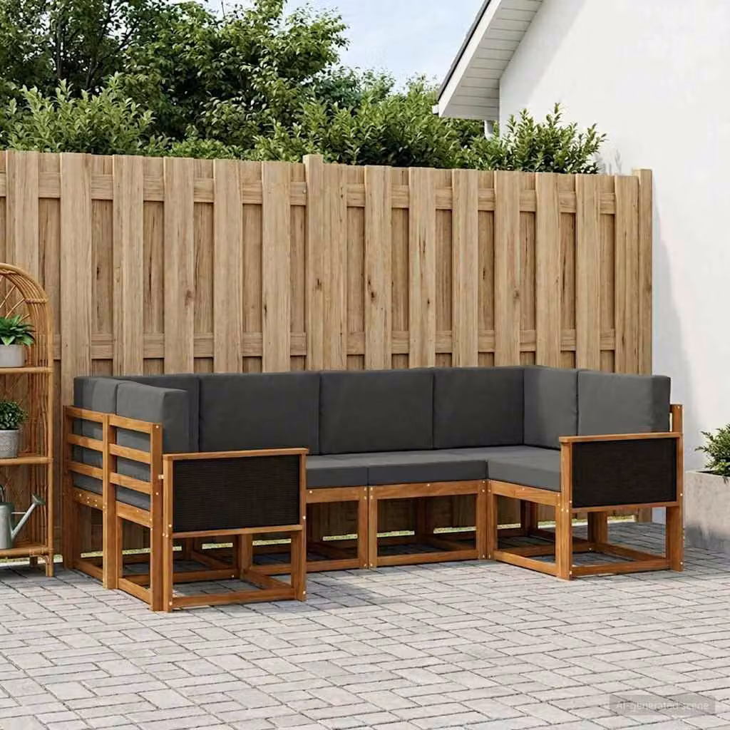 Set di divani da esterno vidaXL a forma di L composto da 6 pezzi in legno di acacia con cuscini antracite e marrone