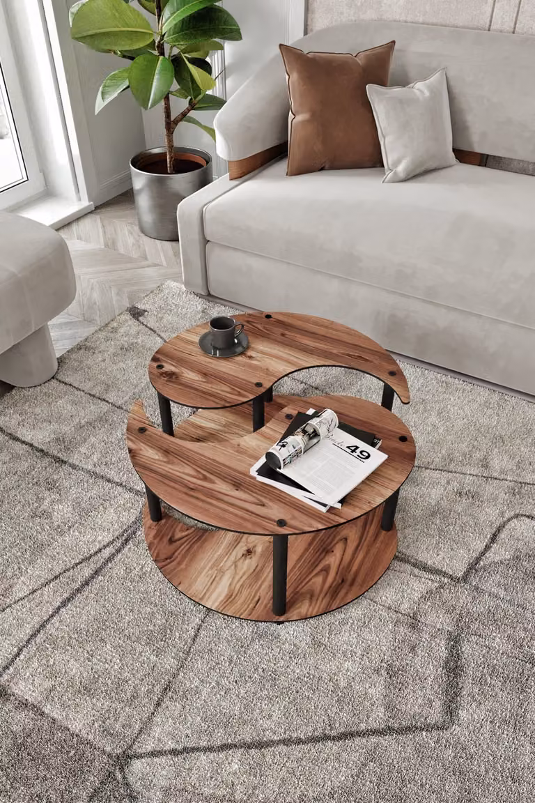 Skye Decor, set da tavolino (2 pezzi), noce, diametro: 70 cm, altezza: 38 cm | 100% MDF, gambe in cartone pressato | Design moderno, ideale per il soggiorno e gli ambienti moderni.