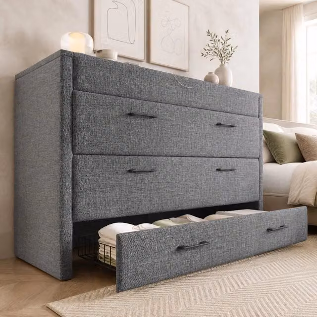 Letto a scomparsa ULEVR 140x200 cm con cassetto, vano trasformabile in ripiano, USB e Type-C, lino grigio