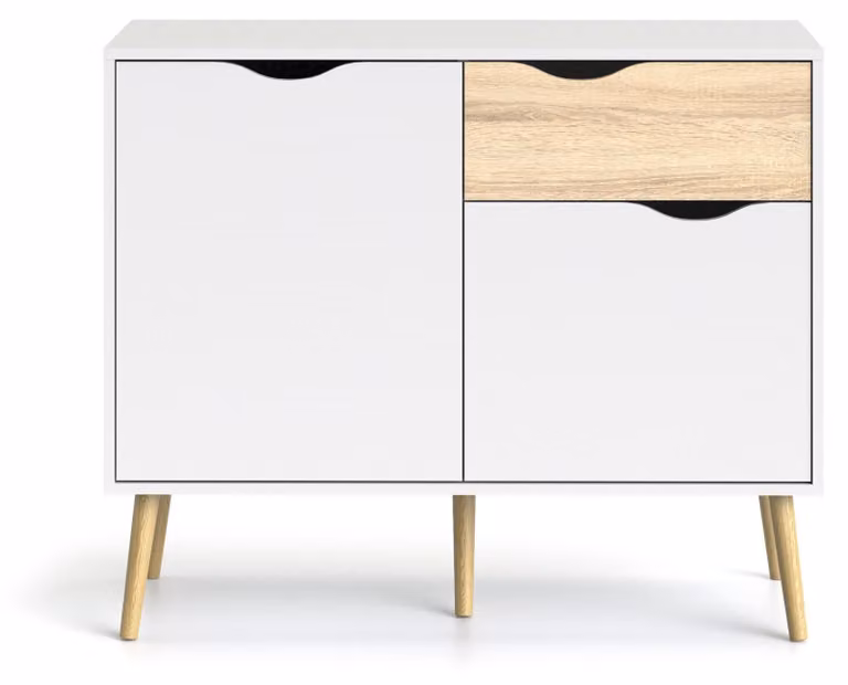 Calicosy - Piccola credenza 2 ante, 1 cassetto bianco e rovere decorativo L98,7 cm - BILLUND