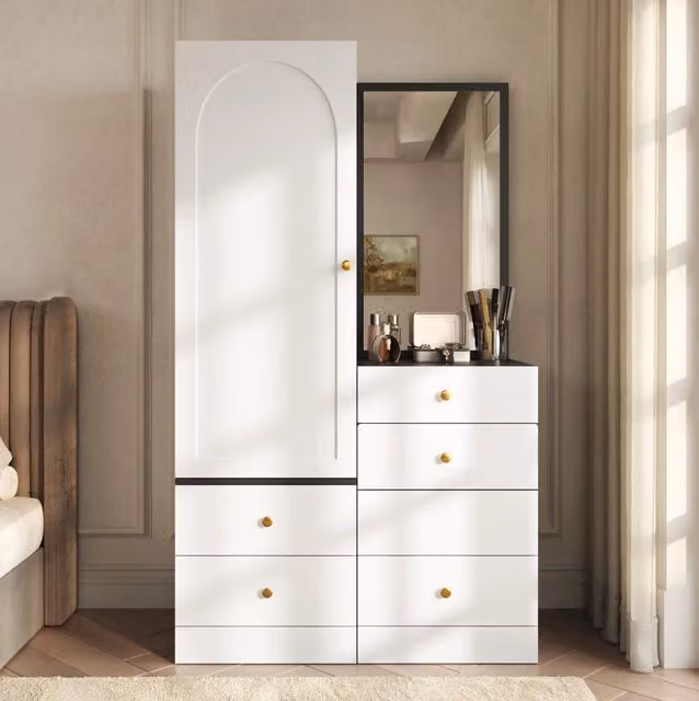 Mobiletto multifunzione con specchio; sedia estraibile e 4 cassetti; MDF; bianco e nero