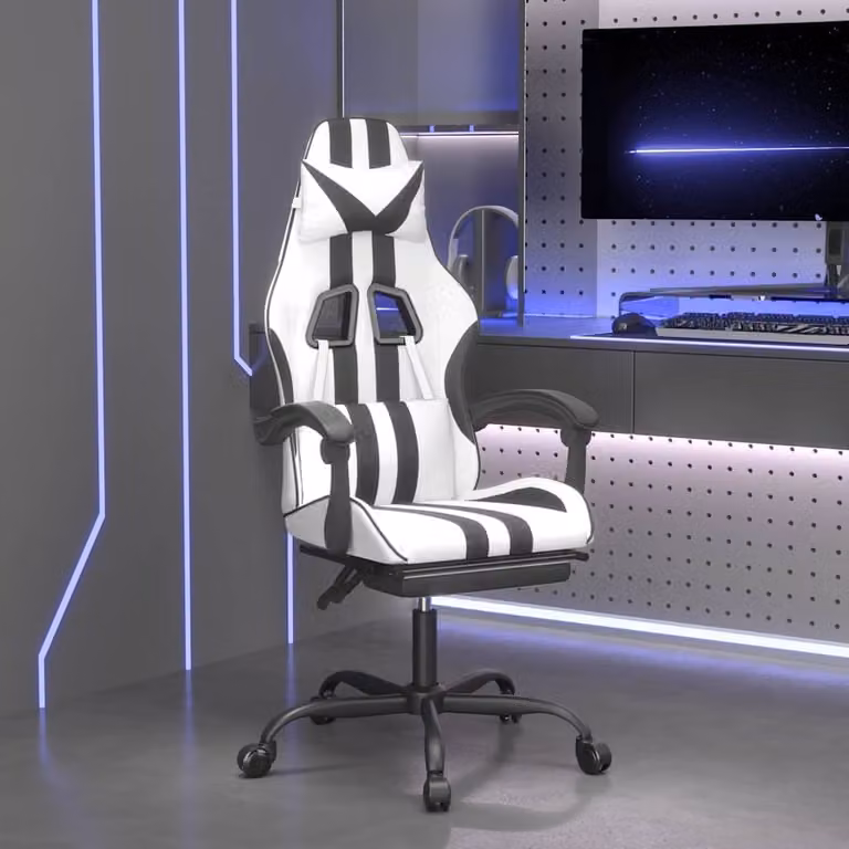 Sedia da Gaming Girevole vidaXL in Similpelle Bianco e Nero con Poggiapiedi e Braccioli