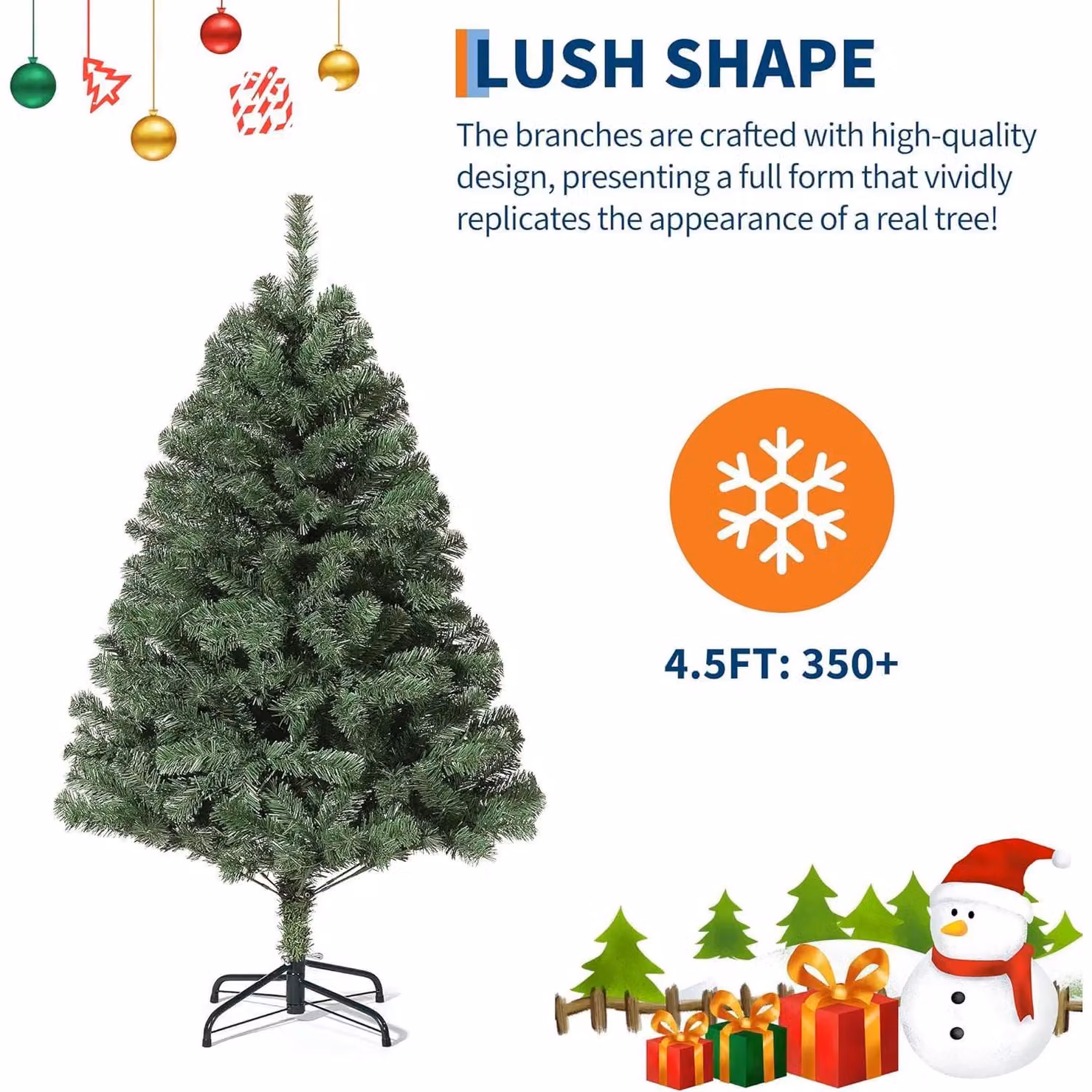 Albero di Natale artificiale - 137 cm - Aspetto realistico, folto fogliame - Base in metallo - Senza luci - Per la casa e l'ufficio