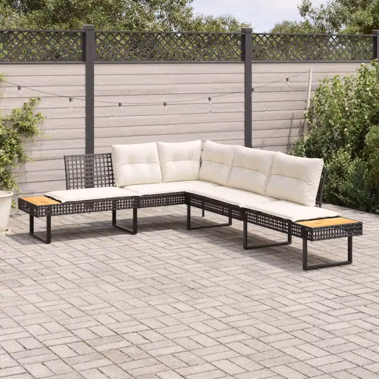 vidaXL Divano da giardino a L moderno con cuscini bianchi e nero in rattan e legno di acacia con struttura in acciaio verniciato a polvere