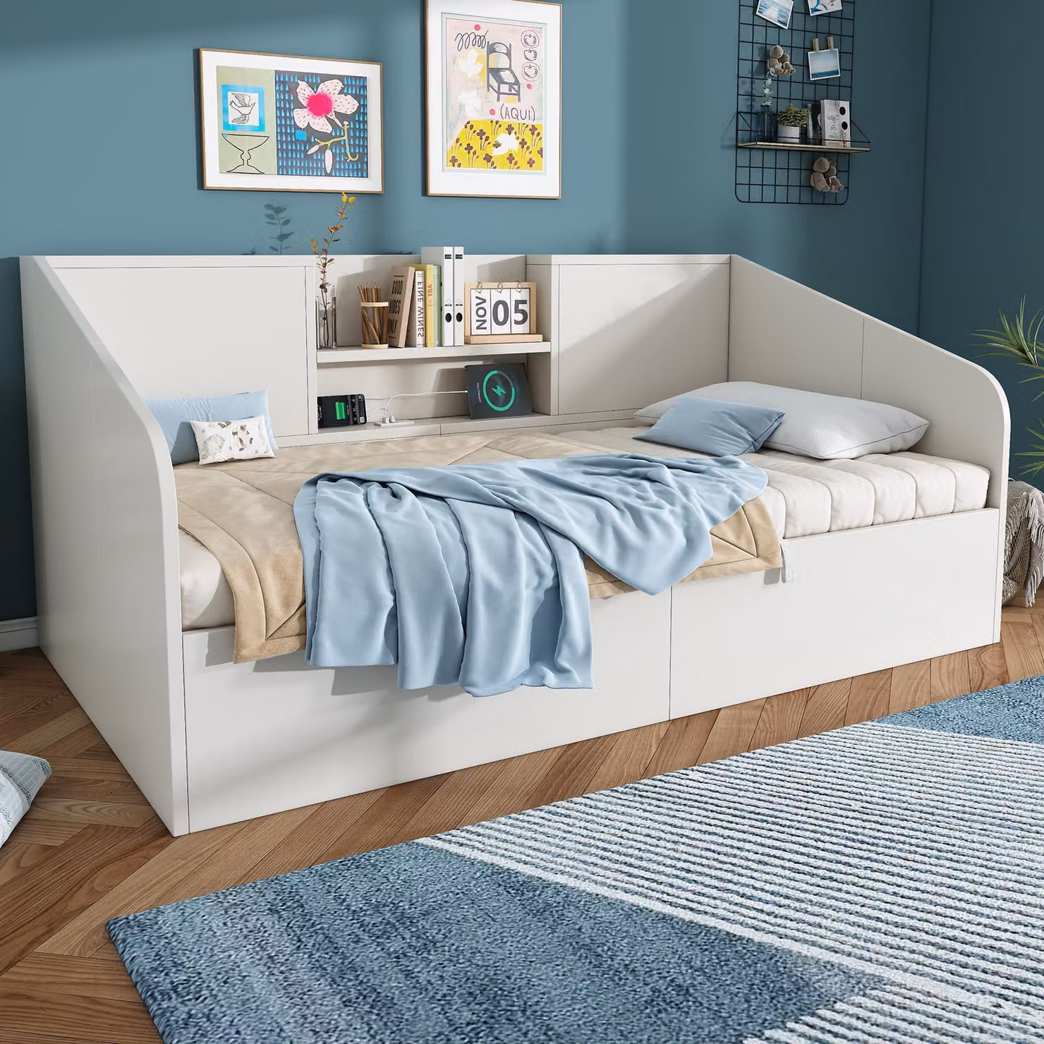 MODFU divano letto 90x200 letto singolo letto per giovani letto in legno con 2 ripiani e stazione di ricarica USB/Type-C, struttura letto con rete a doghe e connessioni di ricarica, senza materasso, bianco