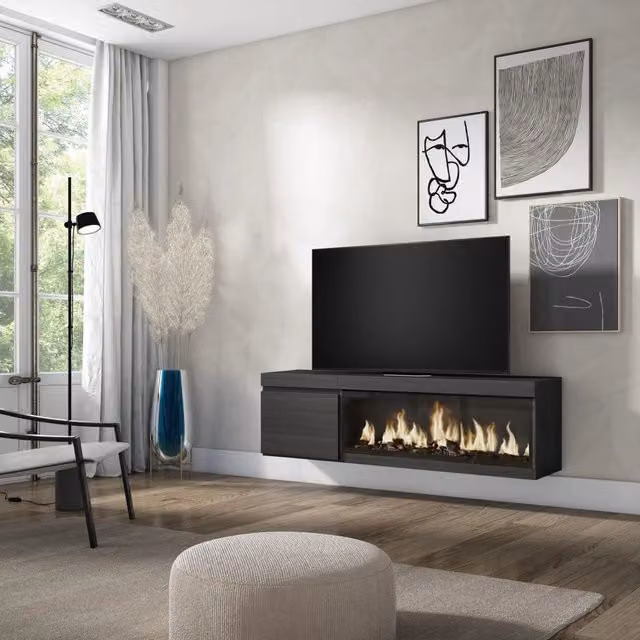 Mobile TV Soggiorno, 158x35x45cm, Per TV fino a 65", Camino elettrico XXL, da appendere, Nero RF3248