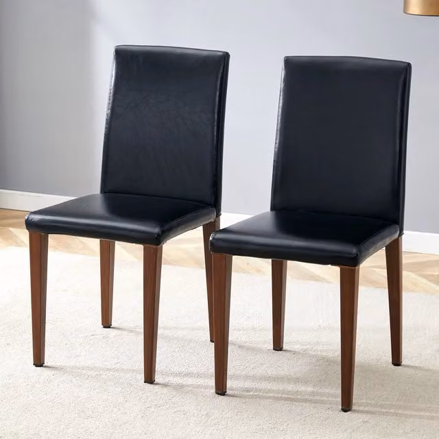 Set di 2 Sedie da Pranzo Moderne in Ecopelle PU Nera con Gambe in Metallo Effetto Noce per Soggiorno e Cucina