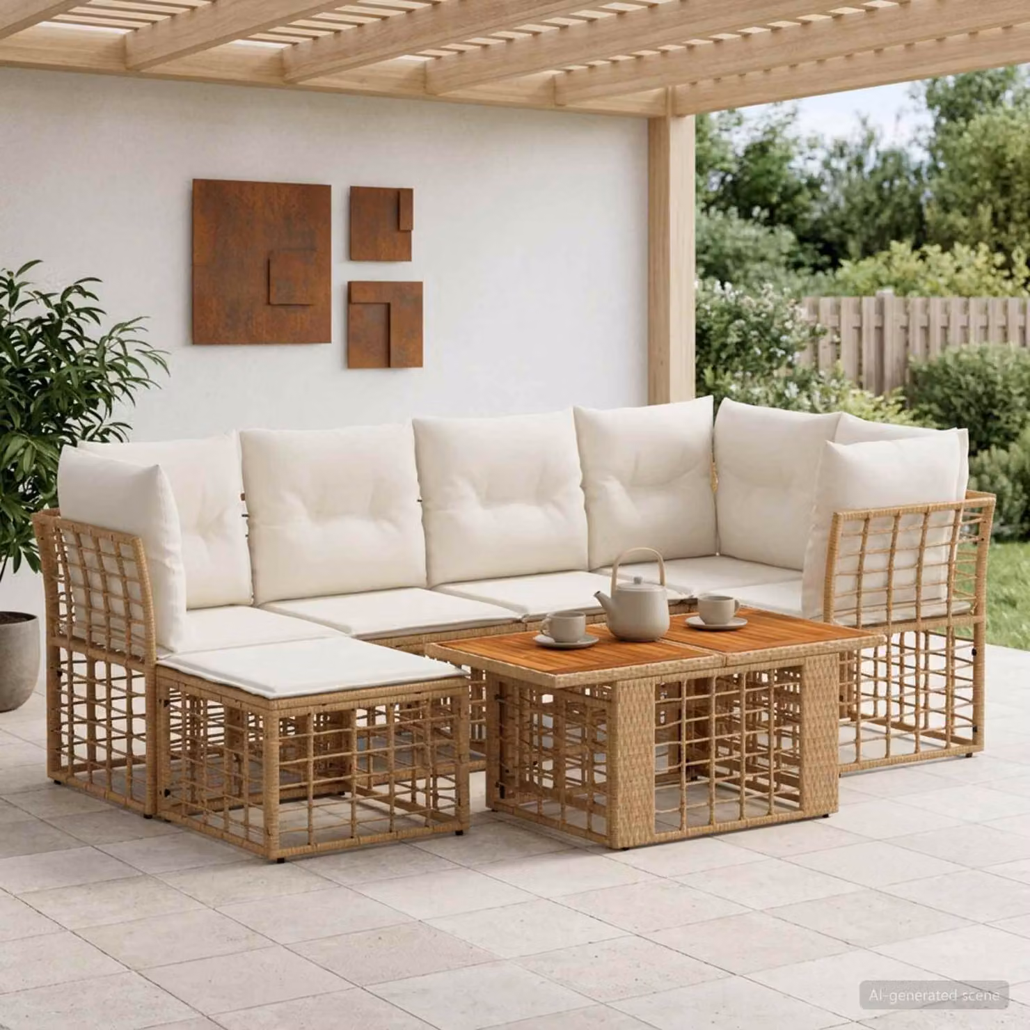 Set Divano da Giardino vidaXL 7 Pezzi in Polyrattan con Cuscini, Colore Naturale e Bianco Crema