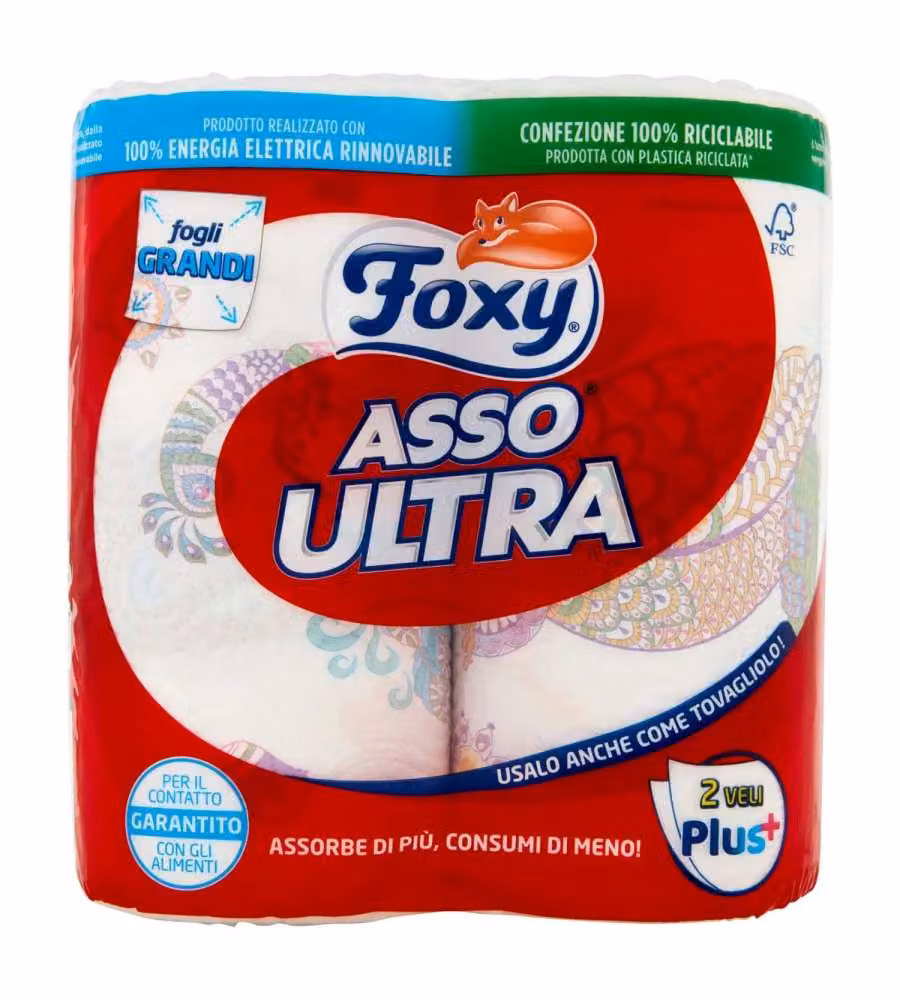 Foxy Asso Ultra Asciugatutto 2 maxi rotoli decorati bianchi e multicolore