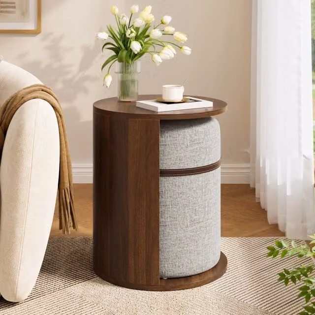 Set tavolino da caffè rotondo e sgabello Minimal in MDF effetto legno pino marrone per soggiorno e ufficio