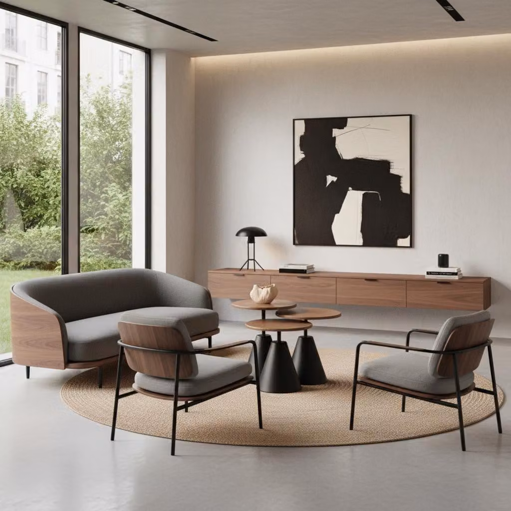 Tavolino da caffè rotondo, aspetto legno, nero, per soggiorno, design moderno ed elegante, confortevole