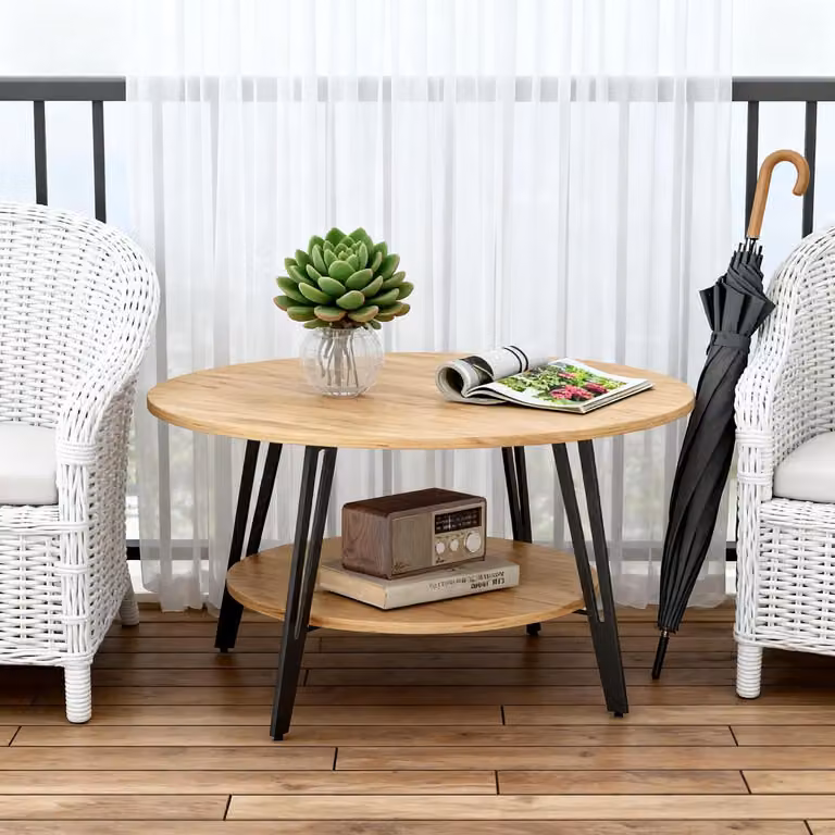 Tavolino da caffè rotondo in legno e metallo, tavolino ausiliario, tavolino da soggiorno, con spazio contenitivo, in legno di quercia, design moderno