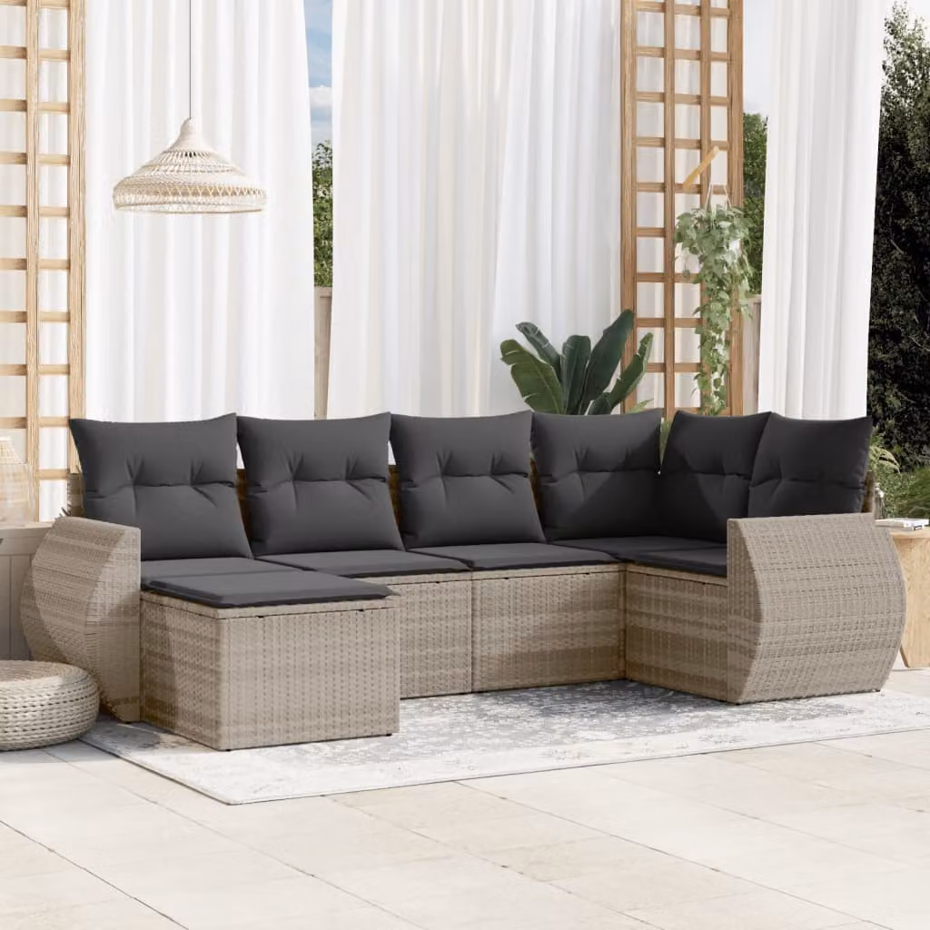 vidaXL Set Divano da Giardino a L in Polyrattan con Cuscini Grigio Chiaro e Struttura in Metallo, 6 Pezzi – 1