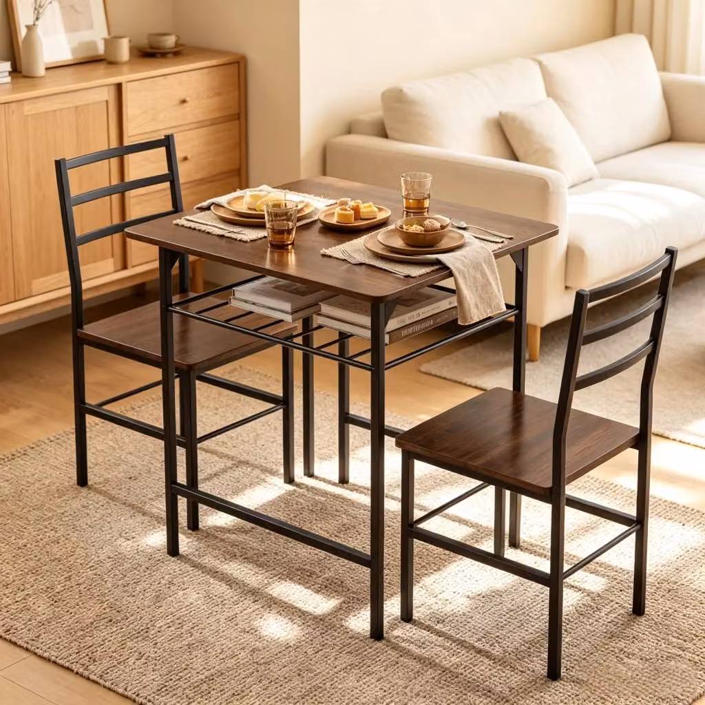 Set da pranzo compatto WISHDOR con tavolo rettangolare e 2 sedie in stile industriale, marrone e nero – 2