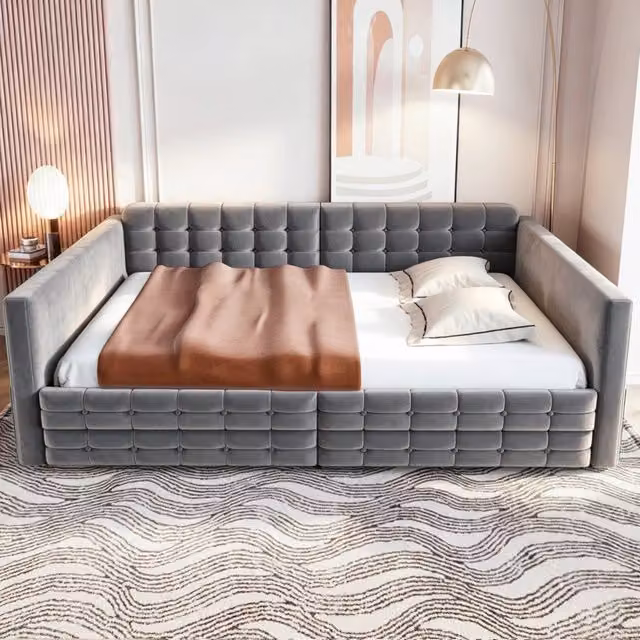 Letto da giorno 140x190cm - divano - letto - cassetti - tasche laterali - velluto - Grigio