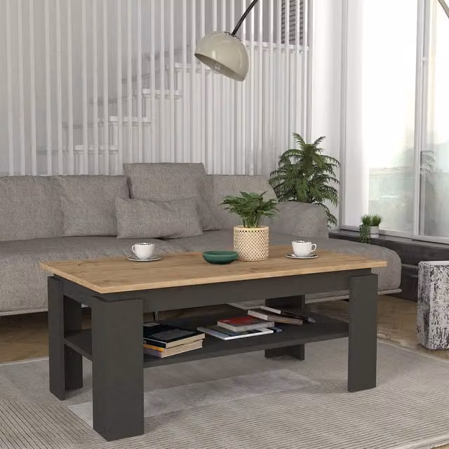 Tavolino da caffè Krirdfjos en.casa con ripiano, colore antracite e effetto rovere zaffiro, L: 110 cm, P: 60 cm, H: 47 cm