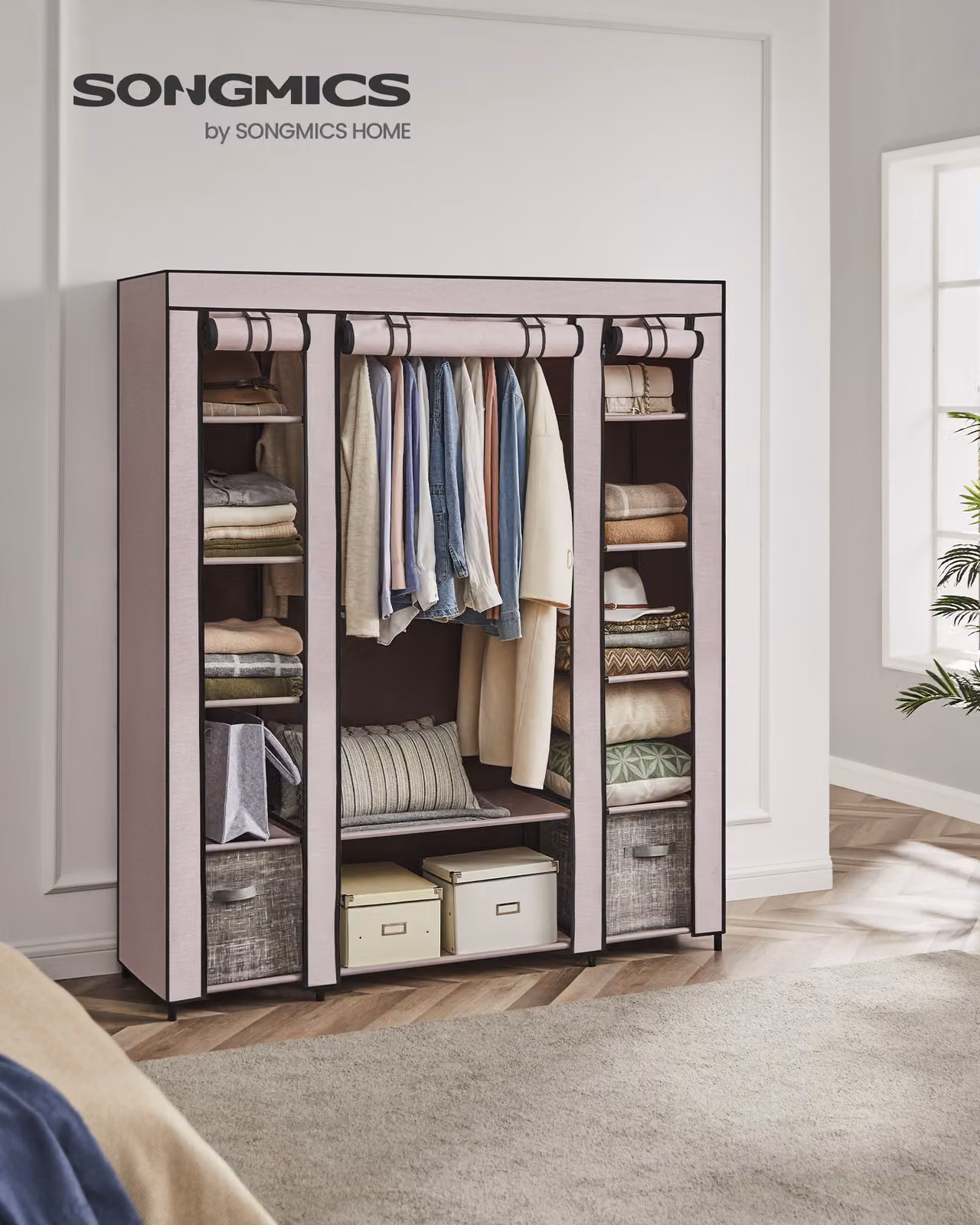 SONGMICS Armadio, armadio in tessuto, con rivestimento in pile, armadio pieghevole con asta appendiabiti, 45 x 150 x 175 cm, 12 ripiani, struttura in metallo, guardaroba