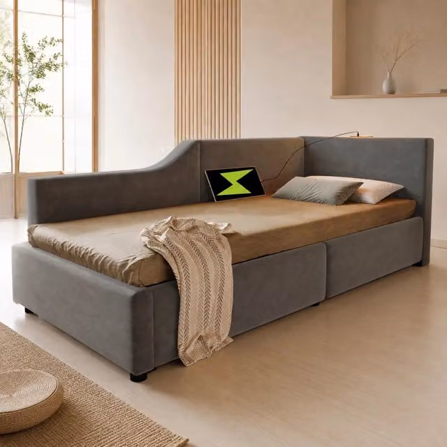 Letto imbottito 90x200 cm con contenitore idraulico; luce lettura e USB-C; velluto grigio