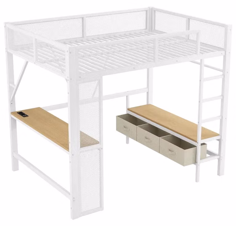 Set per lettino per bambini - Letto in metallo con armadio - 140 x 200 cm - Armadio aperto - 3 cassetti - Porta USB - Illuminazione LED - Bianco
