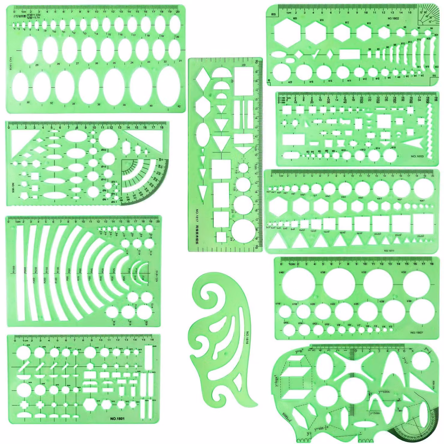 Omgoods - Set di 11 modelli geometrici per il disegno e strumenti di misurazione
