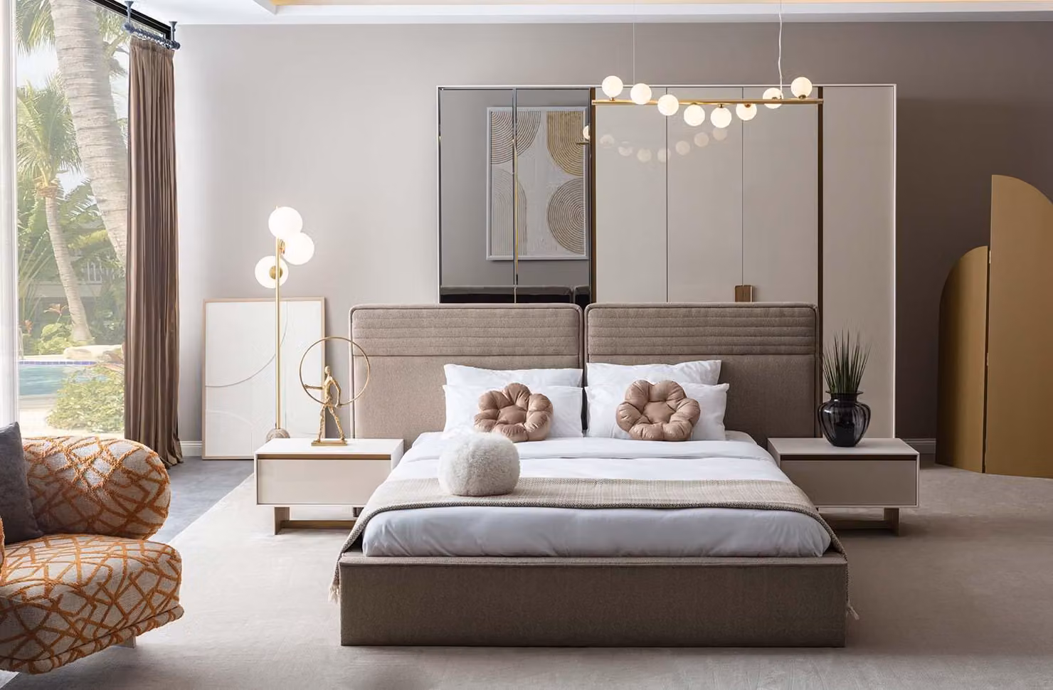 Exklusives Beiges Doppelbett Designer Modernes Schlafzimmer Polsterbett