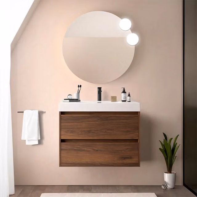 Mobile bagno sospeso 80 cm noce maya con due cassetti e lavabo in resina Gaya