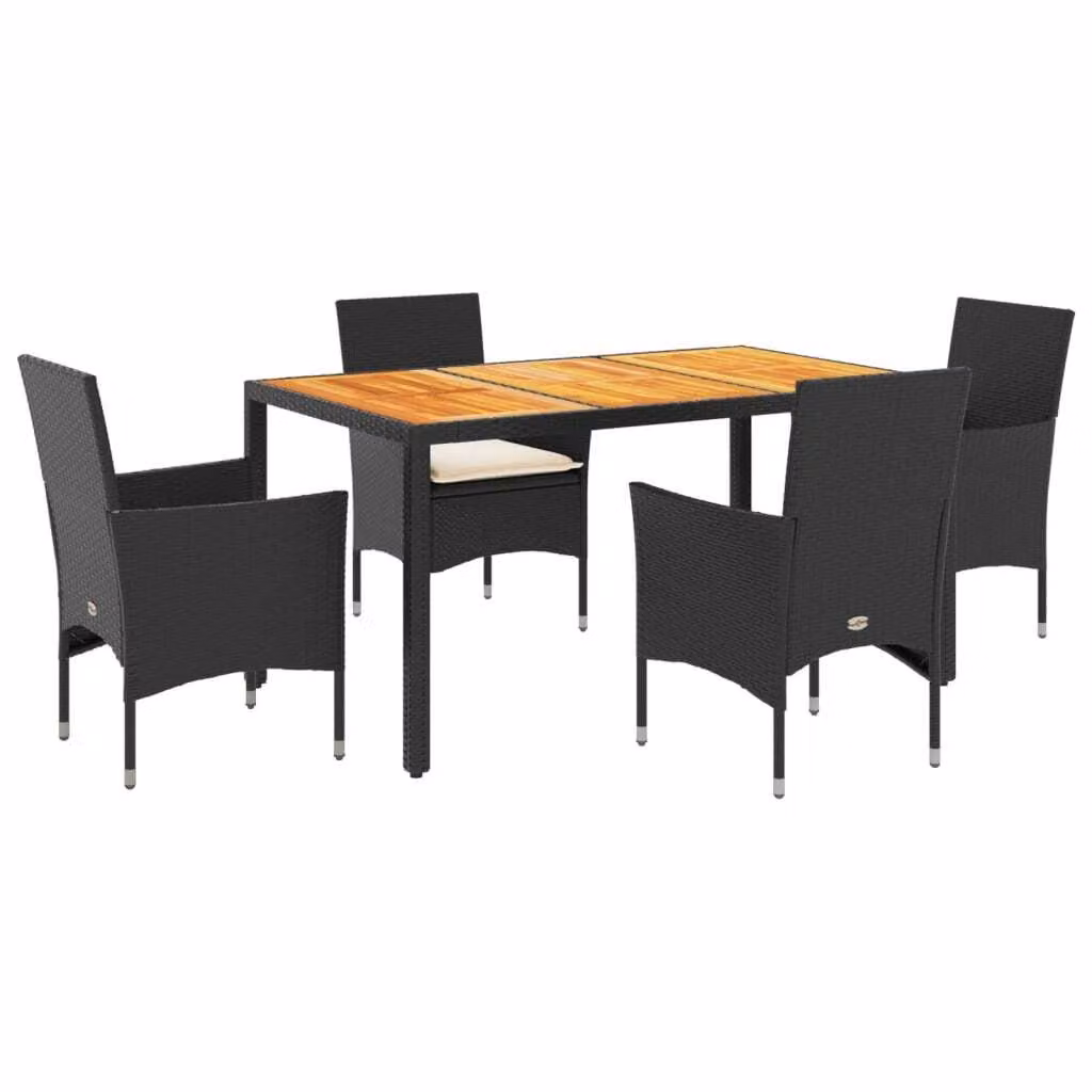 Set Pranzo da Giardino 5 pz con Cuscini Nero Polyrattan Acacia