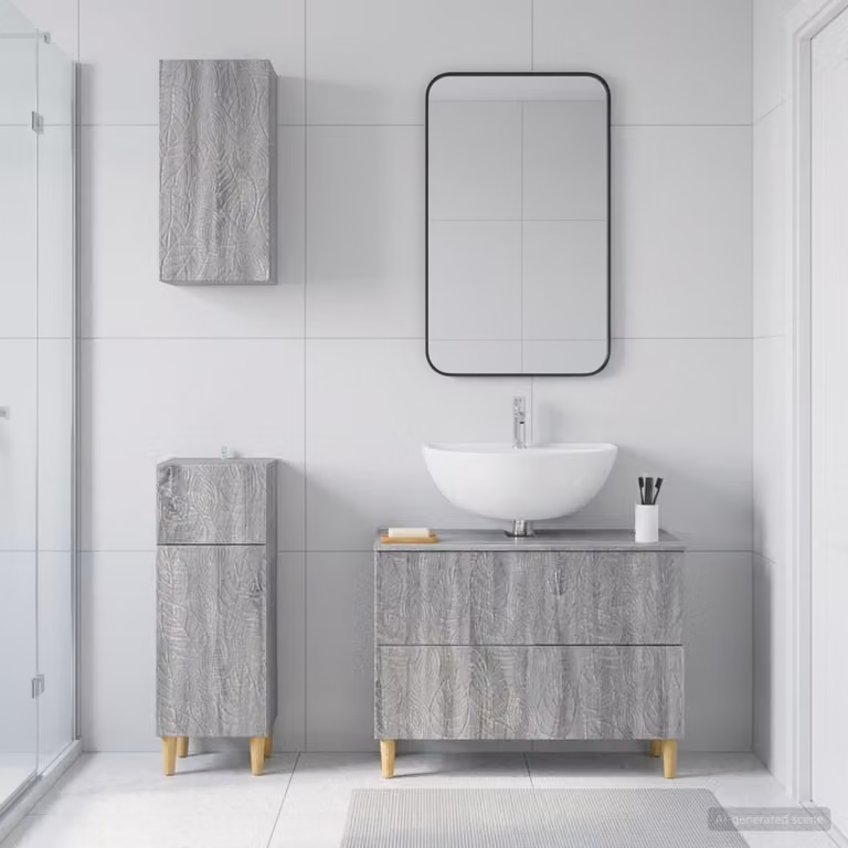 Set di armadietti da bagno vidaXL DELFT in 3 pezzi, colore grigio, stile minimalista con vanità e pensili a muro