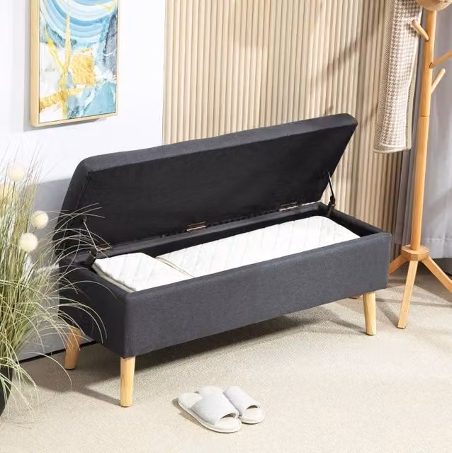 Panca contenitore MODFU in tessuto grigio con seduta imbottita e struttura in legno in stile scandinavo L/P/H: 220 x 39 x 45 cm