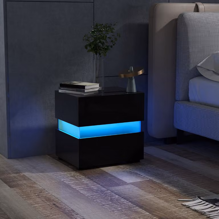 Comodino moderno Costway con illuminazione LED integrata e cassetti, tavolino laterale nero lucido con telecomando