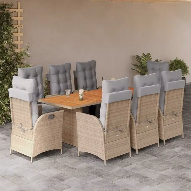 Set Pranzo da Giardino vidaXL in Polyrattan e Legno di Acacia con 9 Sedute e Cuscini Beige e Grigio