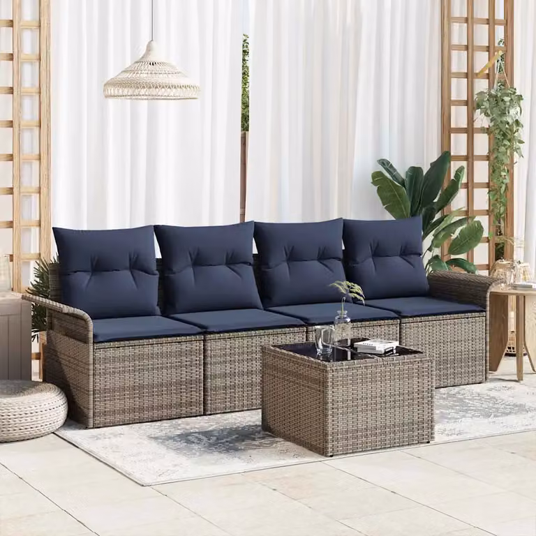 Set di divani da giardino vidaXL 5 pezzi in rattan grigio con cuscini e tavolino da esterno