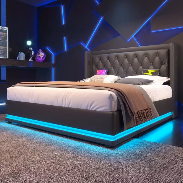 Letto contenitore matrimoniale 160x200 cm; testiera con USB e LED; PU nero (Senza materasso)