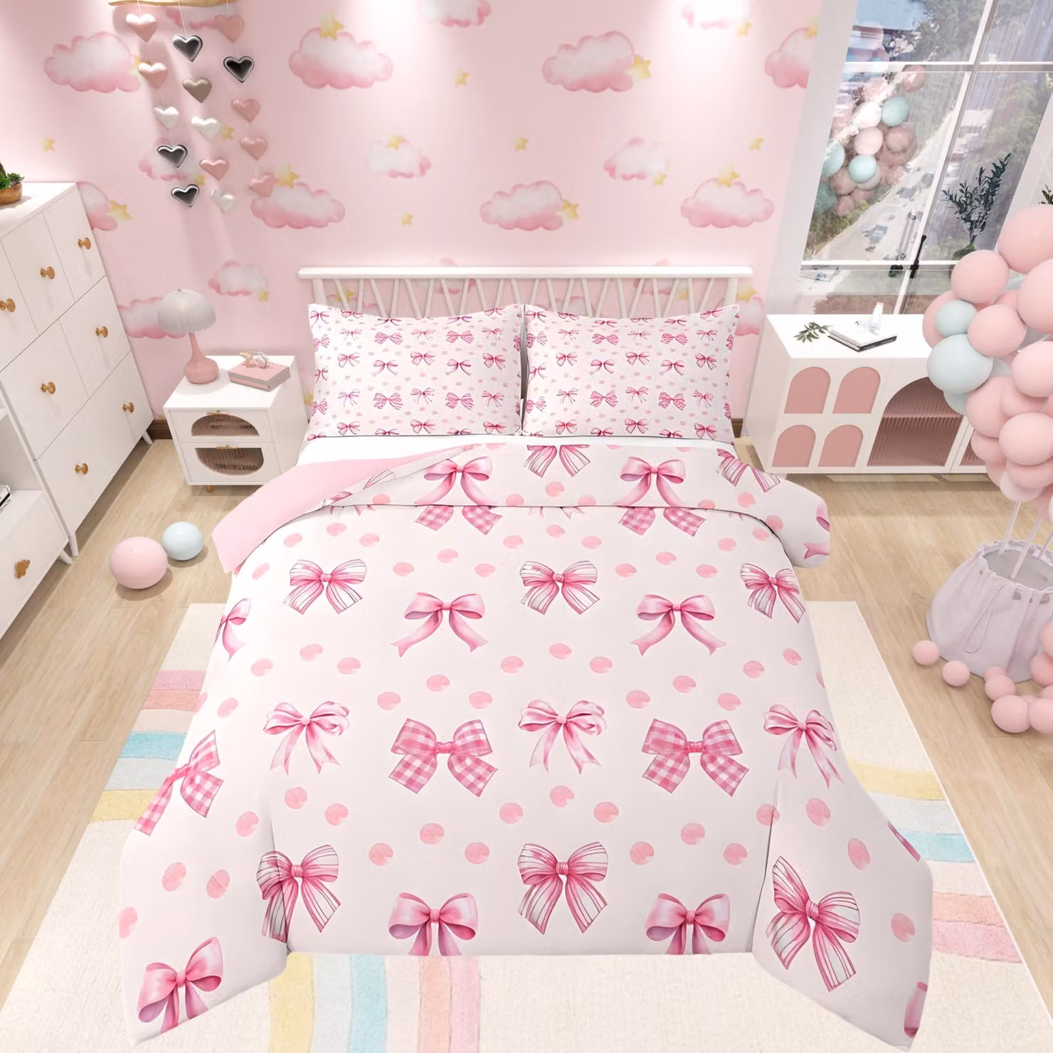 Copripiumino con fiocco rosa e pois, ideale per bambine