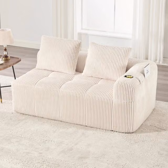 Divano 2 posti in tessuto ¨C Minimal ¨C imbottito con cuscini, tasche portaoggetti, portabibite integrato