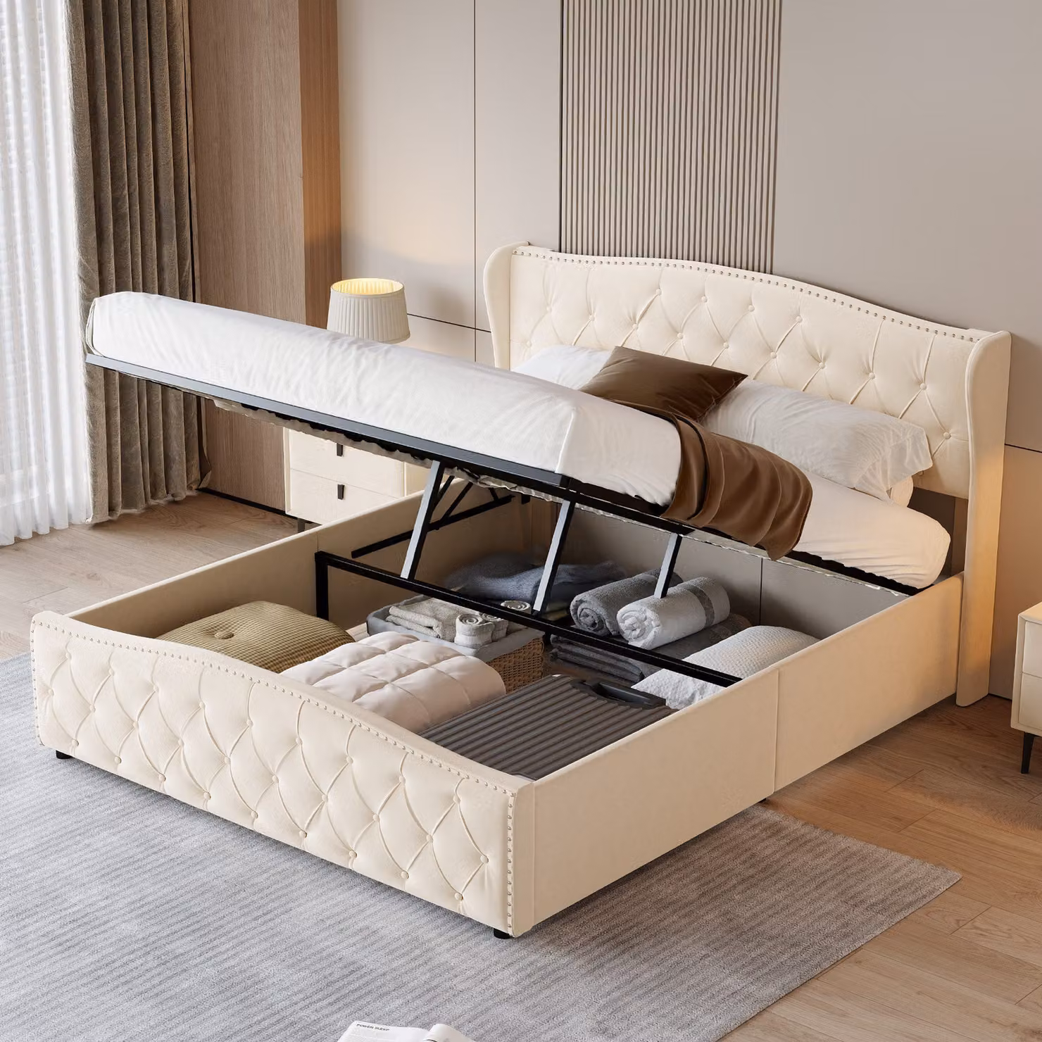 Letto imbottito Fortuna Lai 160x200cm, letto matrimoniale contenitore, contenitore sollevabile idraulicamente, con rete a doghe e contenitore, velluto, beige