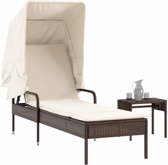 Lettino prendisole con baldacchino e tavolino vidaXL in polyrattan marrone e bianco con poggiatesta regolabile e vassoio laterale