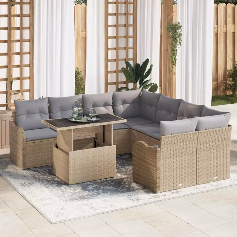 Set Divano da Giardino Moderno vidaXL in Polyrattan Beige con Tavolo in Vetro, 9 Pezzi