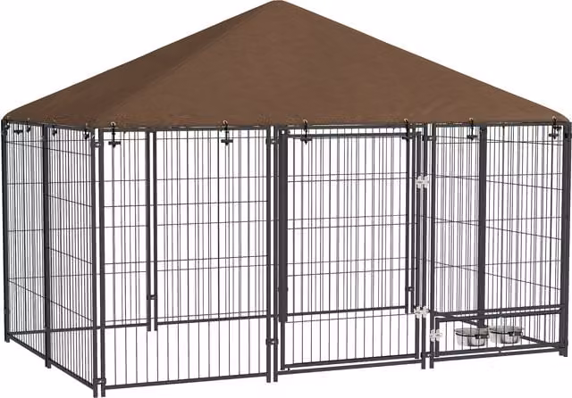 PawHut Recinto per Cani con Porticina per Ciotole in Metallo e Tessuto Oxford, L/P/H: 211 x 141 x 151 cm, Nero e Marrone