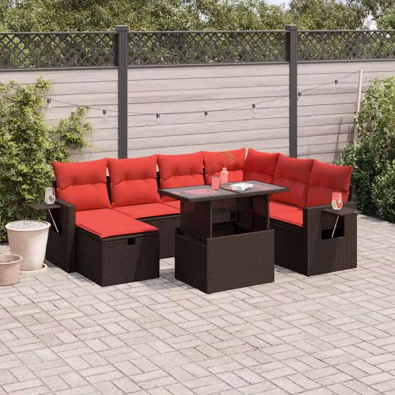 Set Divani da Giardino vidaXL 8 Pezzi in Polyrattan Marrone con Cuscini e Tavolino da Esterno