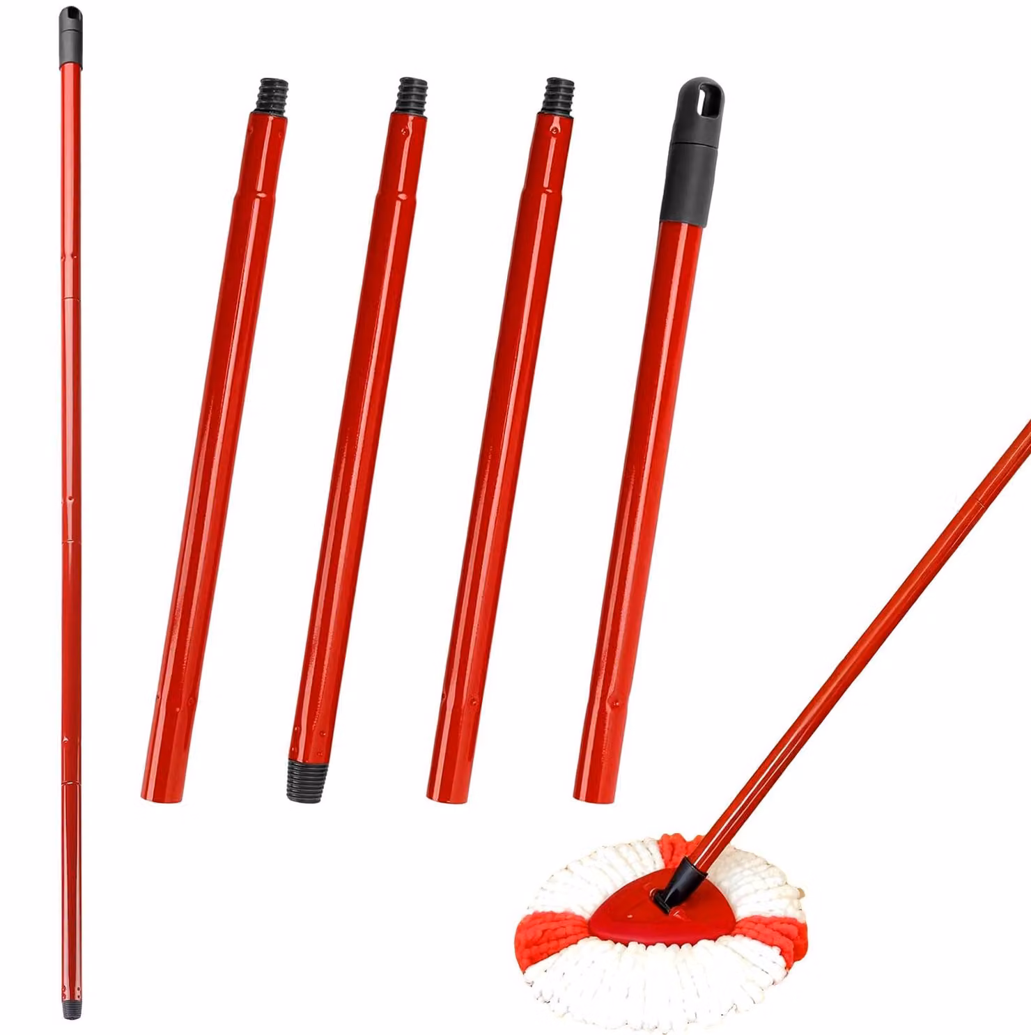 Set di 2 maniglie di ricambio per mocio, composto da 4 pezzi, con filettatura tedesca, lunghezza 40 cm, colore rosso