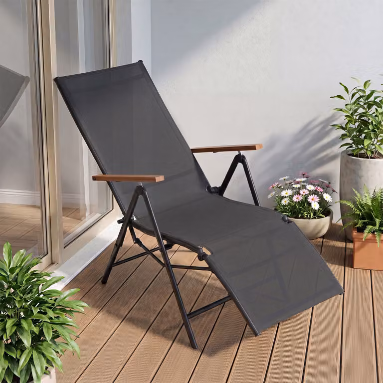 Sedia da giardino reclinabile Costway con schienale regolabile a 6 posizioni in tessuto traspirante e struttura in acciaio, lettino prendisole pieghevole nero, portata 150 kg